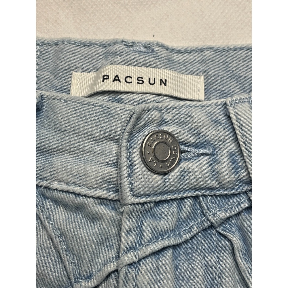 PacSun Women's 25 Vintage High Rise Light Wash Crisscross Raw Hem Denim Shorts - Picture 3 of 16